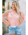 Pink Hollowed Eyelets Knit Bell Sleeve Sweater - L