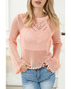 Pink Hollowed Eyelets Knit Bell Sleeve Sweater - L
