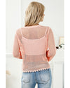 Pink Hollowed Eyelets Knit Bell Sleeve Sweater - L