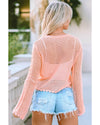 Pink Hollowed Eyelets Knit Bell Sleeve Sweater - L