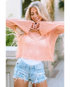 Pink Hollowed Eyelets Knit Bell Sleeve Sweater - L