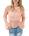 Pink Hollowed Eyelets Knit Bell Sleeve Sweater - L