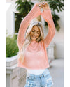 Pink Hollowed Eyelets Knit Bell Sleeve Sweater - L