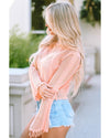 Pink Hollowed Eyelets Knit Bell Sleeve Sweater - L