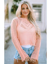 Pink Hollowed Eyelets Knit Bell Sleeve Sweater - L