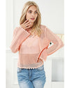 Pink Hollowed Eyelets Knit Bell Sleeve Sweater - L