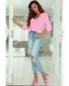 Pink Ribbed Knit V Neck Sweater - L