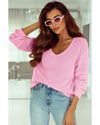 Pink Ribbed Knit V Neck Sweater - L