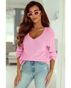 Pink Ribbed Knit V Neck Sweater - M