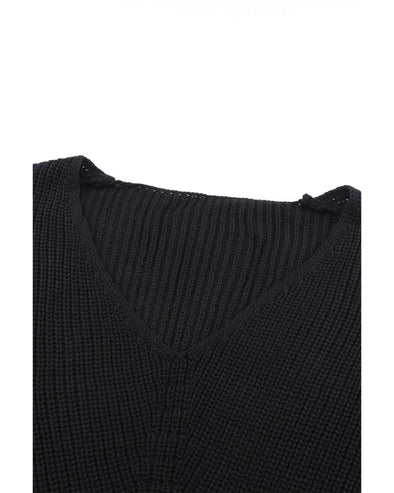 Black Ribbed Knit V Neck Sweater - XL