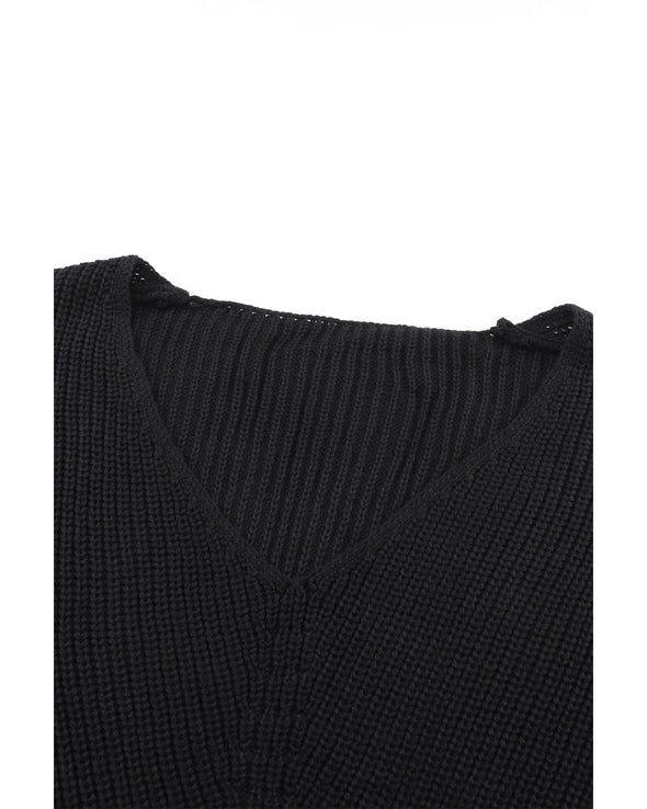Black Ribbed Knit V Neck Sweater - XL