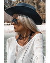 White Hollowed Detail Knitted Loose V Neck Sweater - M