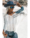 White Hollowed Detail Knitted Loose V Neck Sweater - M
