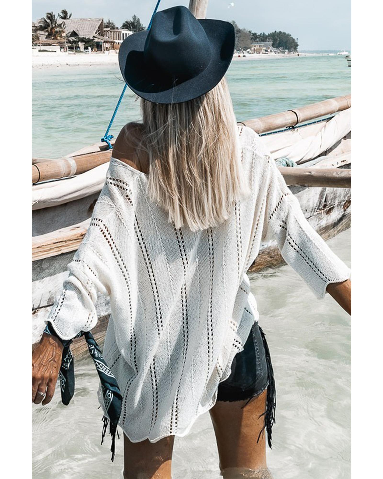 White Hollowed Detail Knitted Loose V Neck Sweater - XL