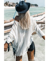 White Hollowed Detail Knitted Loose V Neck Sweater - XL