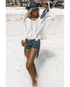 White Hollowed Detail Knitted Loose V Neck Sweater - XL