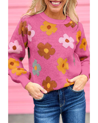 Pink Sweet Flower Knitted Ribbed Hem Sweater - M