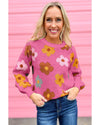 Pink Sweet Flower Knitted Ribbed Hem Sweater - M