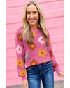 Pink Sweet Flower Knitted Ribbed Hem Sweater - S