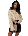 Khaki Eyelets Cable Knit Drop Shoulder Sweater - M