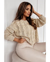 Khaki Eyelets Cable Knit Drop Shoulder Sweater - M