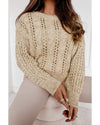 Khaki Eyelets Cable Knit Drop Shoulder Sweater - M