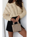 Khaki Eyelets Cable Knit Drop Shoulder Sweater - M