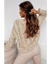 Khaki Eyelets Cable Knit Drop Shoulder Sweater - M