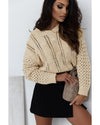 Khaki Eyelets Cable Knit Drop Shoulder Sweater - M