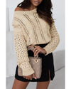 Khaki Eyelets Cable Knit Drop Shoulder Sweater - M