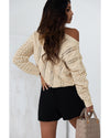 Khaki Eyelets Cable Knit Drop Shoulder Sweater - S