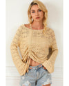 Khaki Hollowed Knit Asymmetric Drawstring Sweater - XL