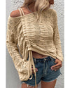 Khaki Hollowed Knit Asymmetric Drawstring Sweater - XL