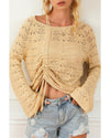 Khaki Hollowed Knit Asymmetric Drawstring Sweater - XL