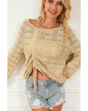 Khaki Hollowed Knit Asymmetric Drawstring Sweater - XL