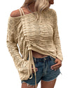 Khaki Hollowed Knit Asymmetric Drawstring Sweater - XL