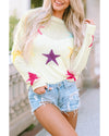 White Colorful Star Pattern Loose Sweater - M