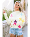 White Colorful Star Pattern Loose Sweater - M