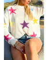 White Colorful Star Pattern Loose Sweater - M