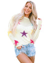 White Colorful Star Pattern Loose Sweater - M