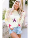 White Colorful Star Pattern Loose Sweater - M