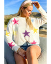 White Colorful Star Pattern Loose Sweater - M