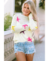 White Colorful Star Pattern Loose Sweater - S