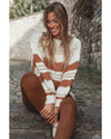 White Striped Knit Puff Sleeve Casual Sweater - L