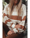 White Striped Knit Puff Sleeve Casual Sweater - L