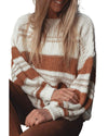White Striped Knit Puff Sleeve Casual Sweater - M