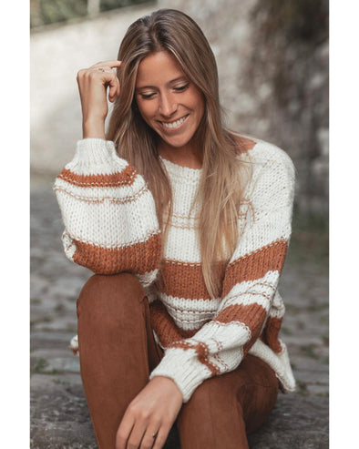 White Striped Knit Puff Sleeve Casual Sweater - XL