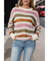 Multicolor Striped Hollowed Knitted Loose Sweater - M