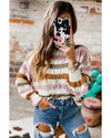 Multicolor Striped Hollowed Knitted Loose Sweater - M