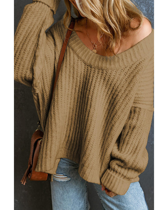 Khaki Ribbed Knit Round Neck Slouchy Chunky Sweater - L